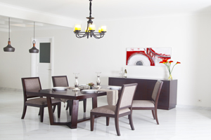 The Carlton provides the best blend of form & comfort. The upholstered paddings provides comfort, whilst softening the strong wooden frame.  Best done in darker wood tones. <br>

<br>Items: 
<br>Dining Table for 6. Size: 180x105x76H cm.
<br>Dining Chairs. Size: 47x55x100H cm
<br>Sideboard (160x50x90H cm)