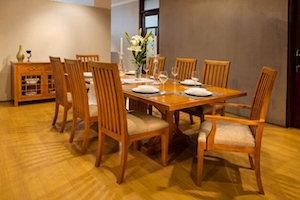 The Elwood Collection is inspired by country-style furniture. The strong lines of the panelling & subtle mouldings exudes warmth & casual elegance to your interior setting.
<br>
<br> Items:
<br> Extendable Dining Table: 6 to 8 seater (190-240Wx120Dx76H) & 8-10 seater (240-290Wx120Dx76H cm)
<br> Chairs & Armchairs
<br> Sideboard/Crockery Cabinet: 3-door (160W x 40D x 90H)
